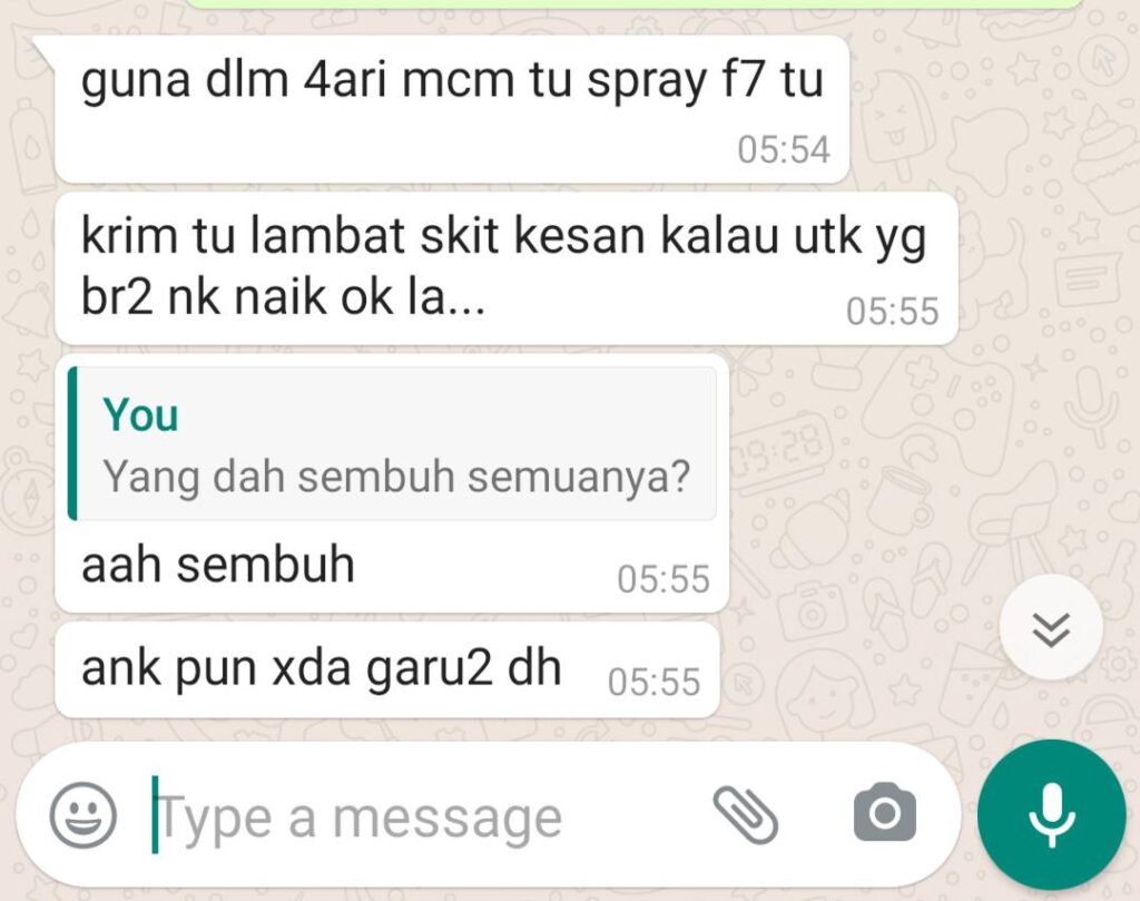 Setelah 4 hari guna, kudis buta keluarga Nor Ayu sembuh sepenuhnya.